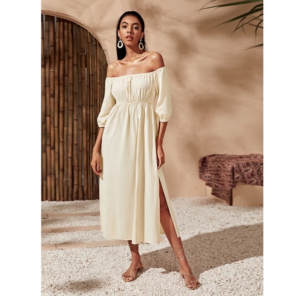 Off Shoulder Beige Boho Dress with Leg Slit - Picture 2 of 10